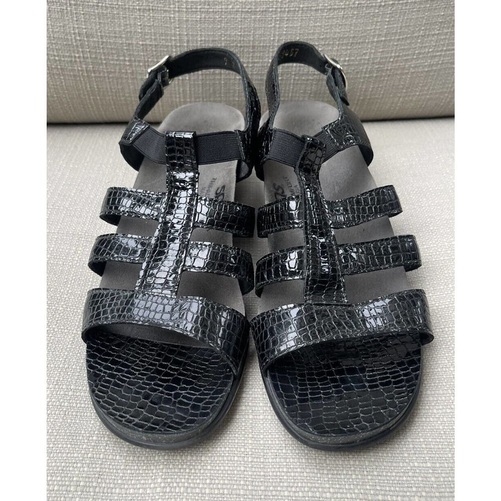 SAS Tripad Comfort Sandals 9N Black Patent Leather Croc Sling Back Strappy